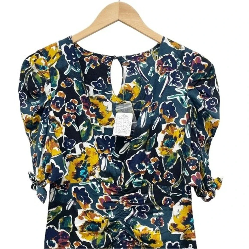 NWT Free People Glow Up Short Sleeve Mini Dress Navy Combo Floral Women’s Size 0